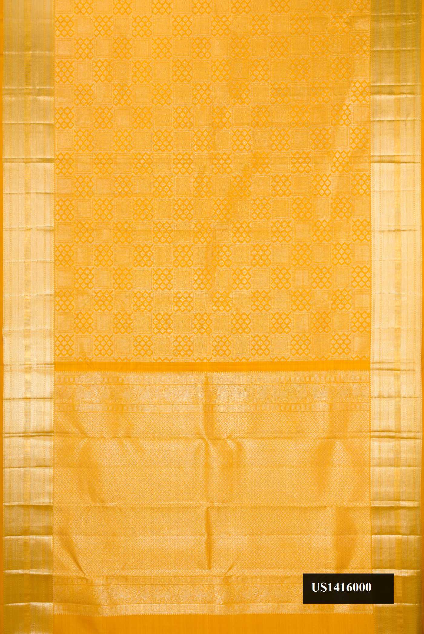 Mustard Dual Tone Kanchipuram Silk Saree with Zari Brocade on the body and Zari Border.  displayed on a mannequin