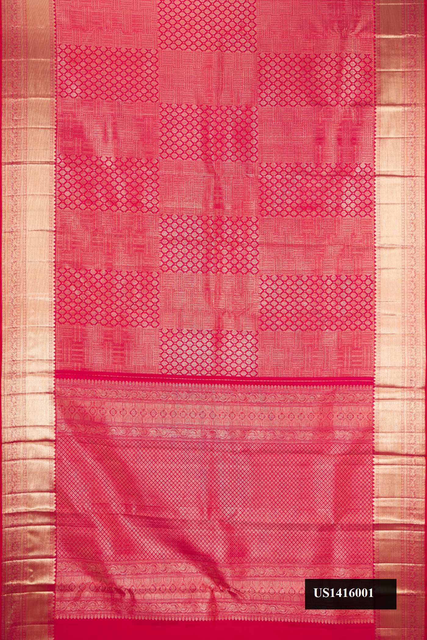 Dark Pink Dual Tone Kanchipuram Silk Saree with Zari Brocade on the body and Zari Border.  displayed on a mannequin