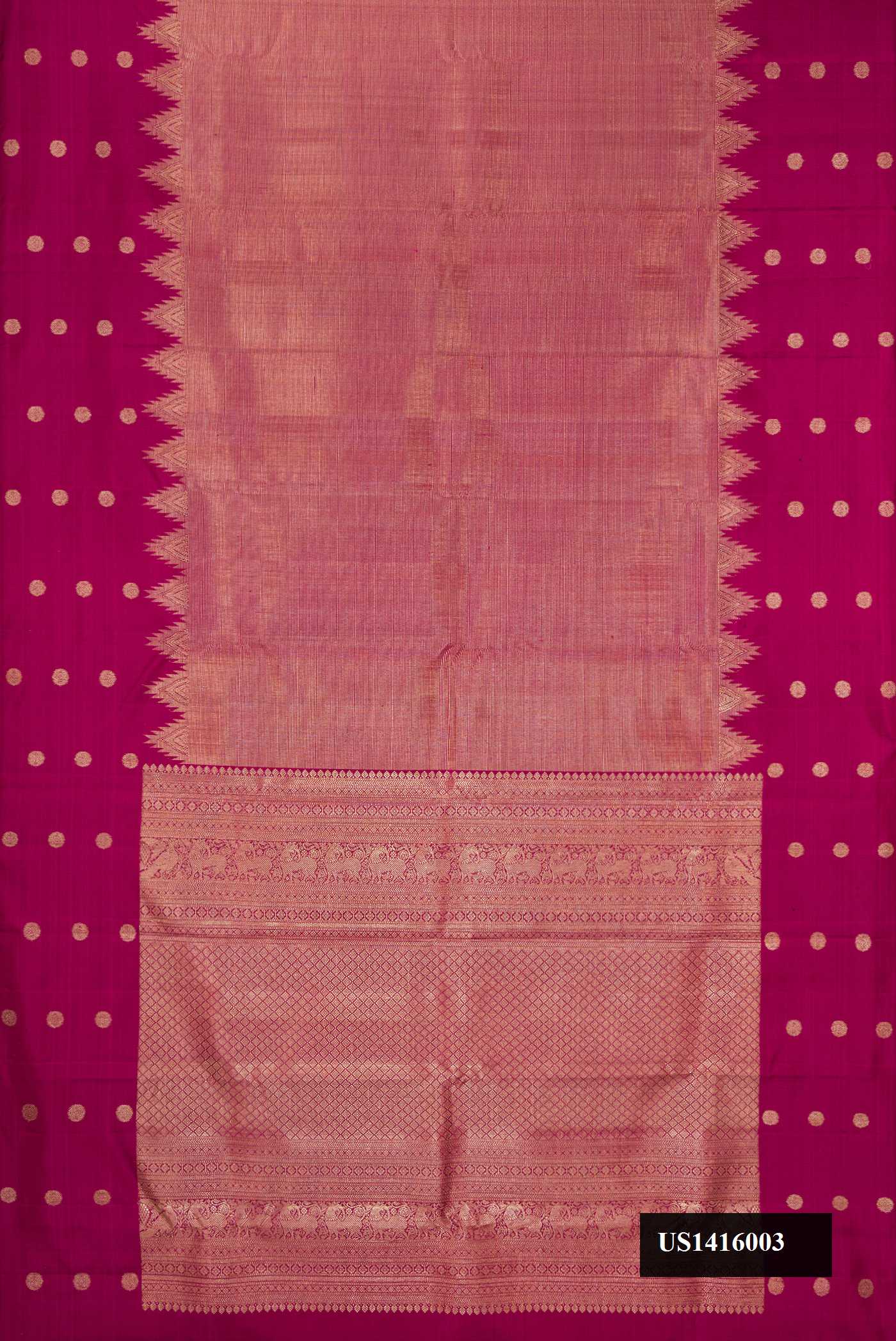 Magenta Dual Tone Kanchipuram Silk Saree with Zari Brocade on the body and Fancy Border.  displayed on a mannequin