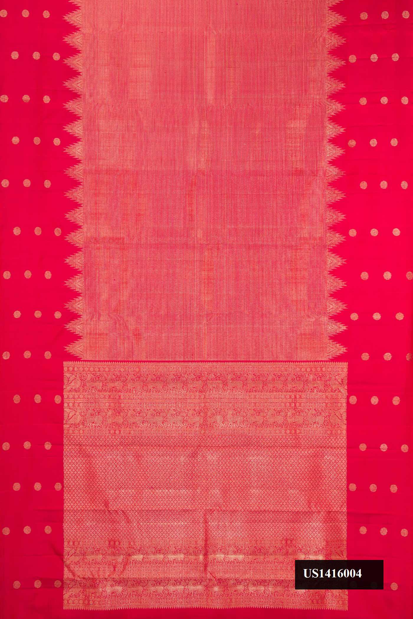 Dark Pink Dual Tone Kanchipuram Silk Saree with Zari Brocade on the body and Fancy Border.  displayed on a mannequin