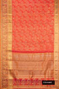 Peach Dual Tone Kanchipuram Silk Saree with Zari Brocade on the body and Fancy Border.  displayed on a mannequin