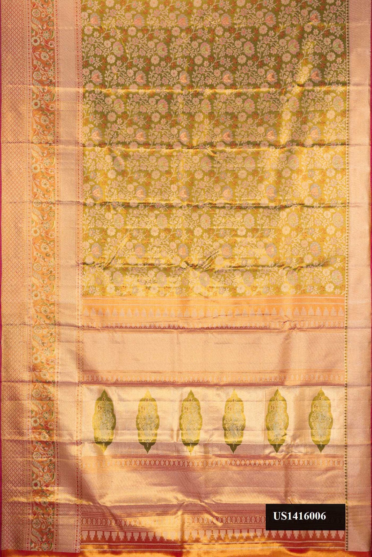 Mehandi Green Dual Tone Kanchipuram Tissue Silk Saree with Zari Brocade on the body and Fancy Border.  displayed on a mannequin
