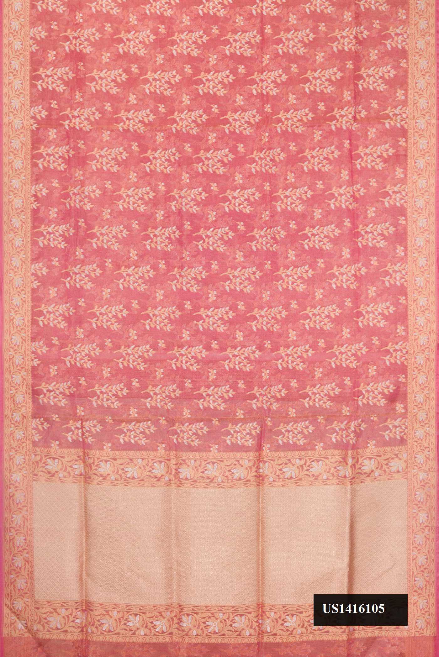Pink Dual Tone Banarasi Silk Saree with Zari Brocade on the body and Zari Border.  displayed on a mannequin