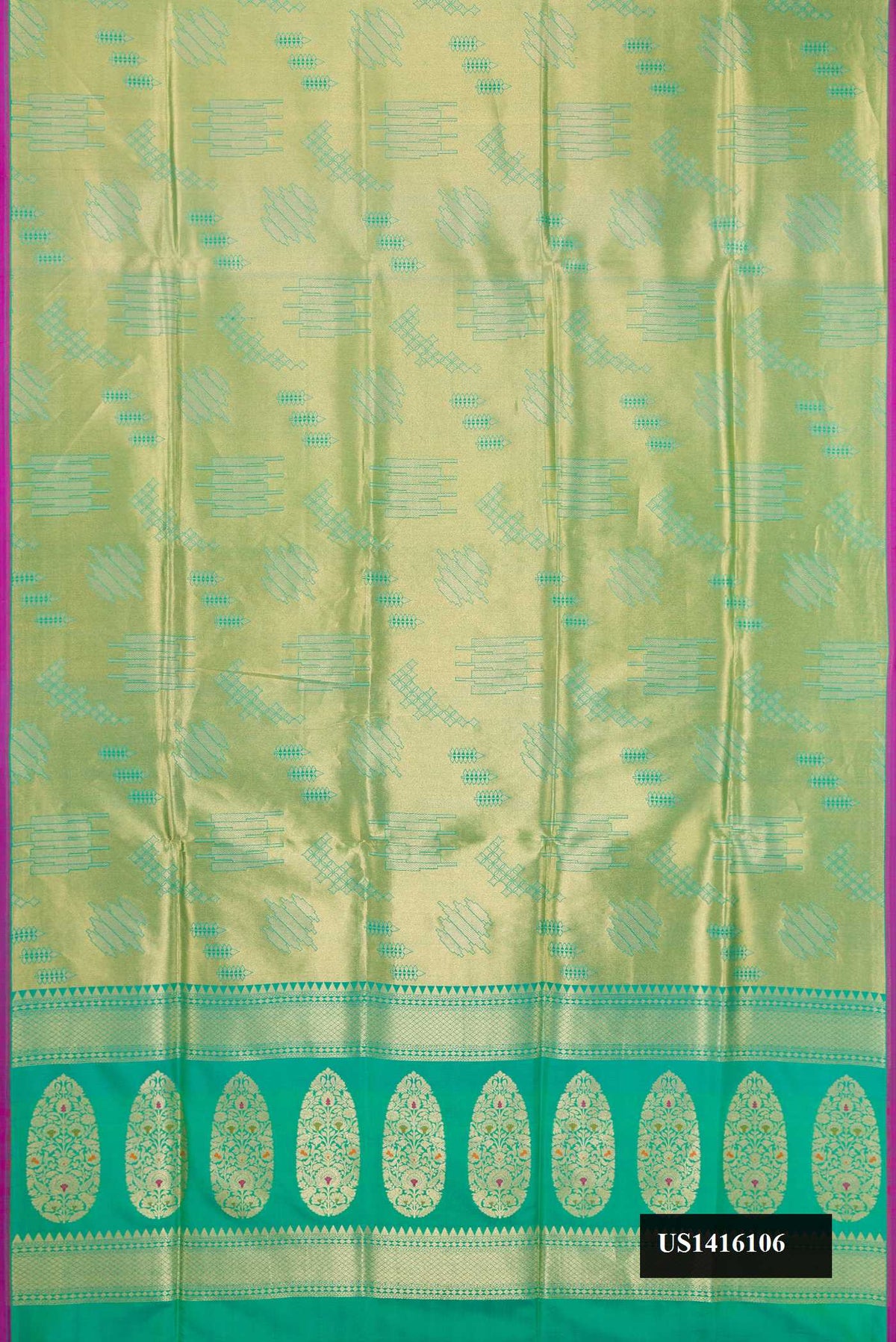 Green Dual Tone Banarasi Silk Saree with Zari Brocade on the body and Plain Border.  displayed on a mannequin