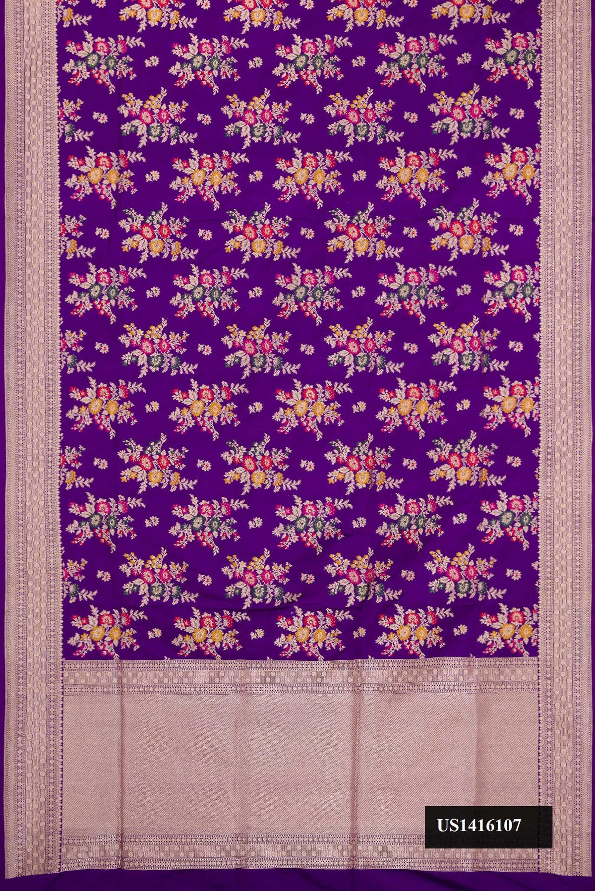 Royal Blue Dual Tone Banarasi Silk Saree with Zari Brocade on the body and Fancy Border.  displayed on a mannequin