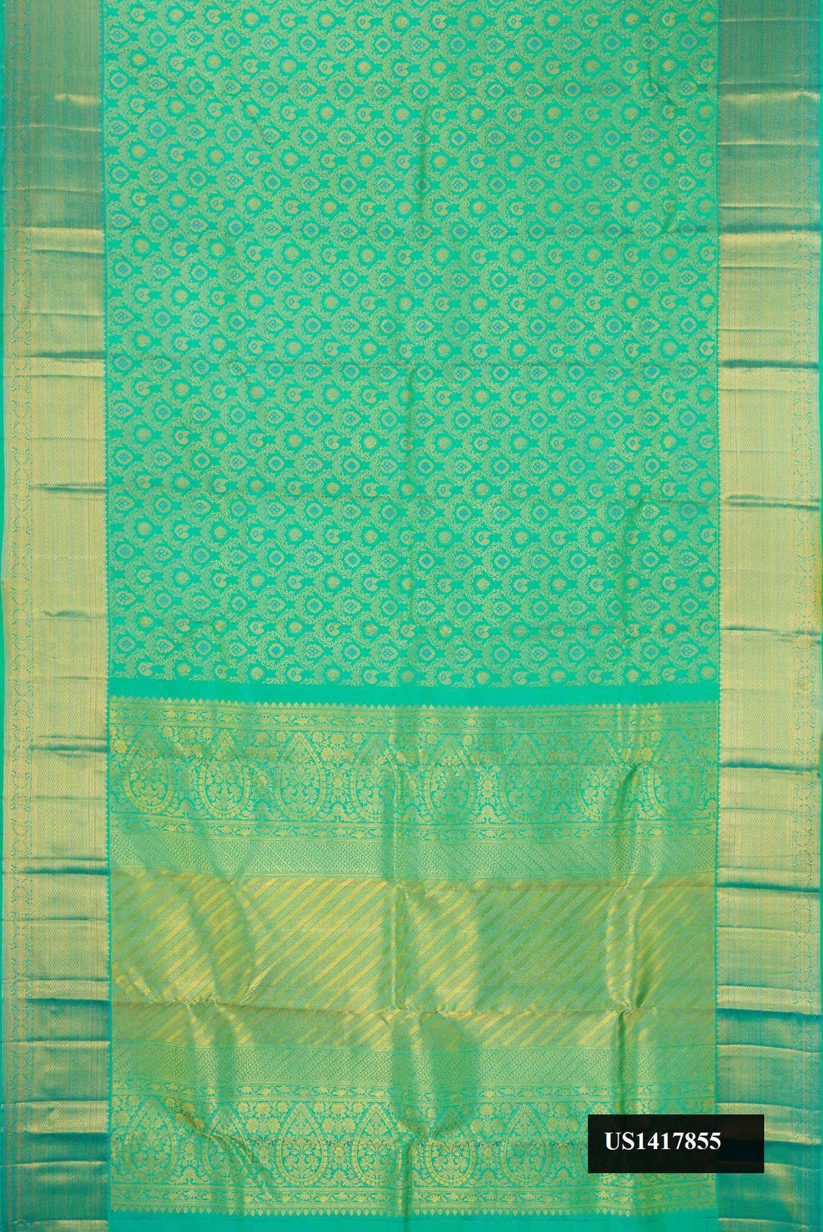 Sea Green Dual Tone Kanchipuram Silk Saree with Zari Brocade on the body and Zari Border.  displayed on a mannequin