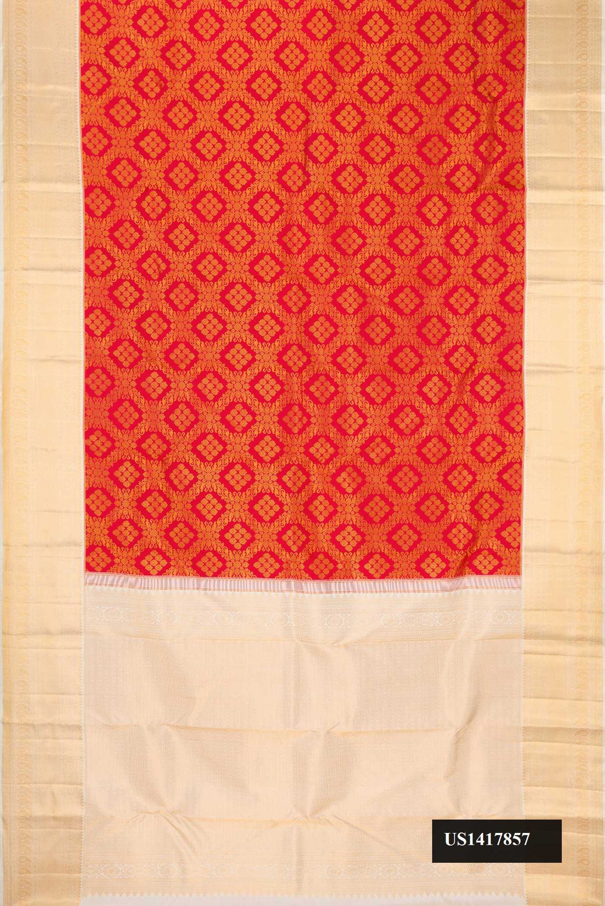 Red Dual Tone Kanchipuram Silk Saree with Zari Brocade on the body and Zari Border.  displayed on a mannequin