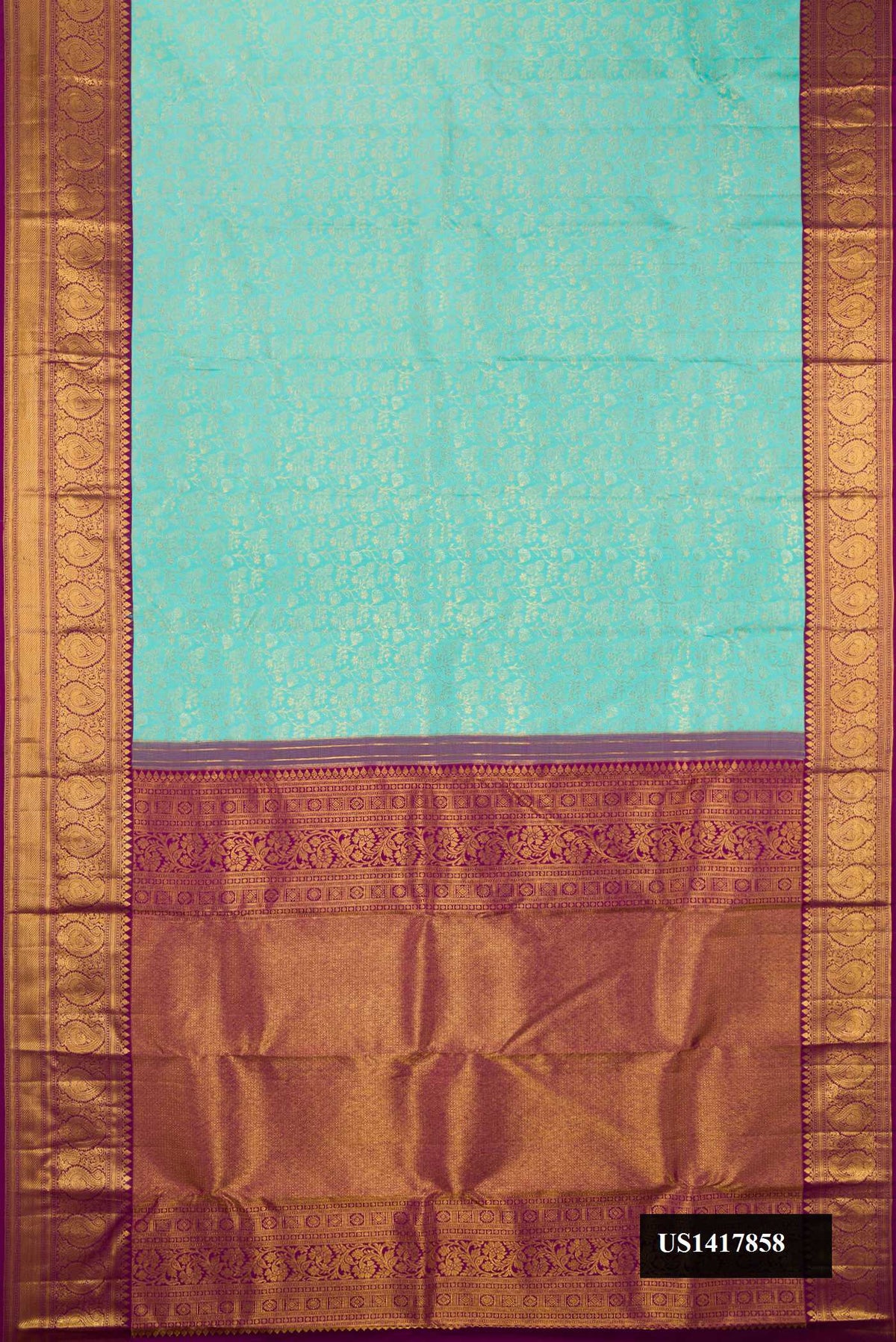 Sky Blue Dual Tone Kanchipuram Silk Saree with Zari Brocade on the body and Fancy Border.  displayed on a mannequin