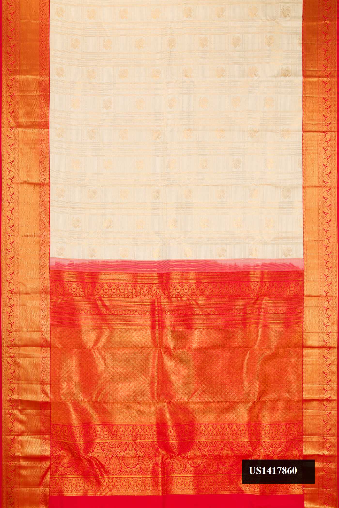 Beige Dual Tone Kanchipuram Silk Saree with Zari Brocade on the body and Zari Border.  displayed on a mannequin