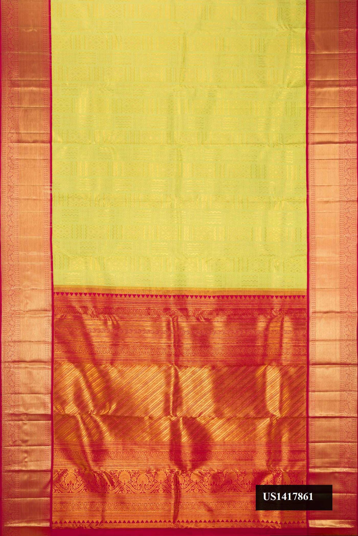 Parrot Green Dual Tone Kanchipuram Silk Saree with Zari Brocade on the body and Zari Border.  displayed on a mannequin