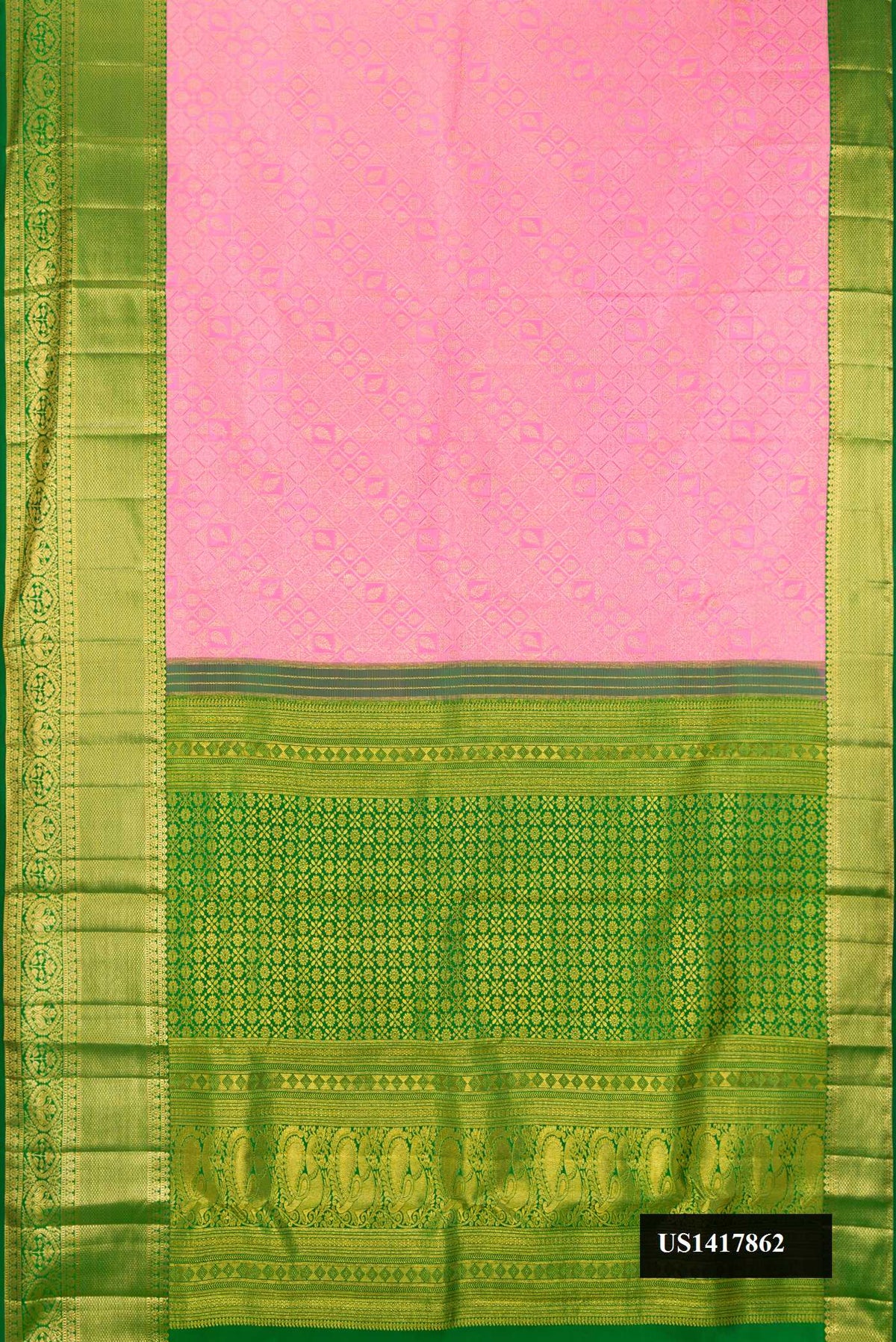 Rose pink Dual Tone Kanchipuram Silk Saree with Zari Brocade on the body and Zari Border.  displayed on a mannequin