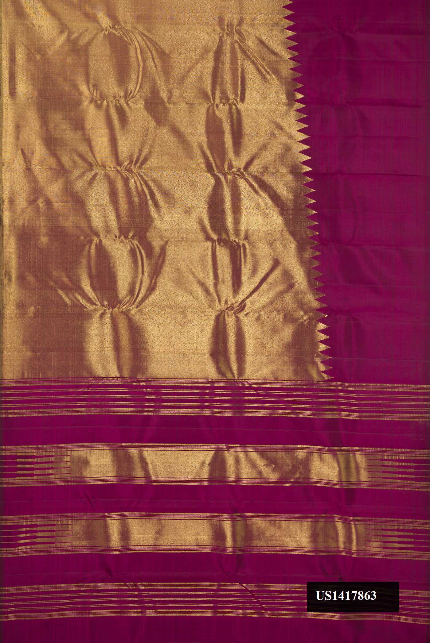 Magenta Dual Tone Kanchipuram Silk Saree with Plain Body and Rising Temple Border.  displayed on a mannequin