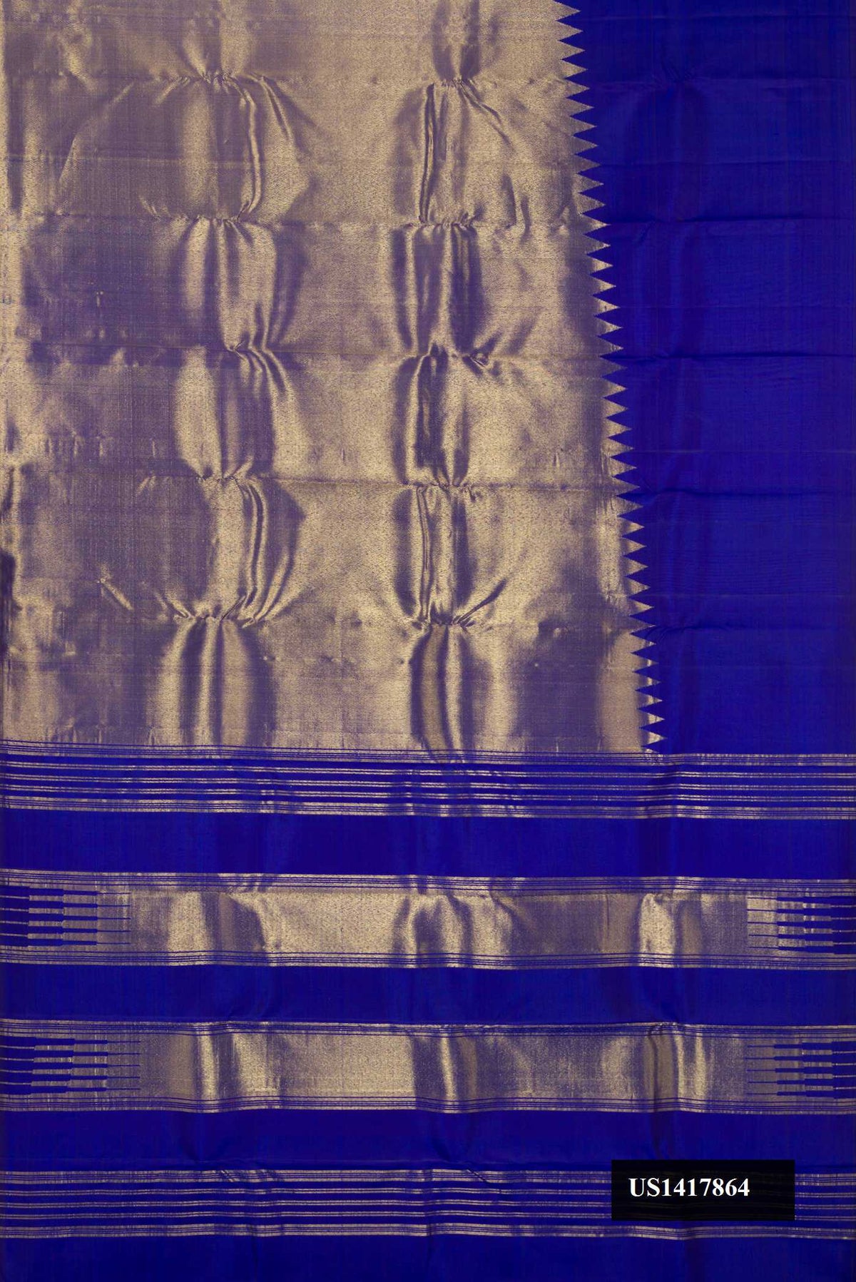 Royal Blue Dual Tone Kanchipuram Silk Saree with Plain Body and Rising Temple Border.  displayed on a mannequin
