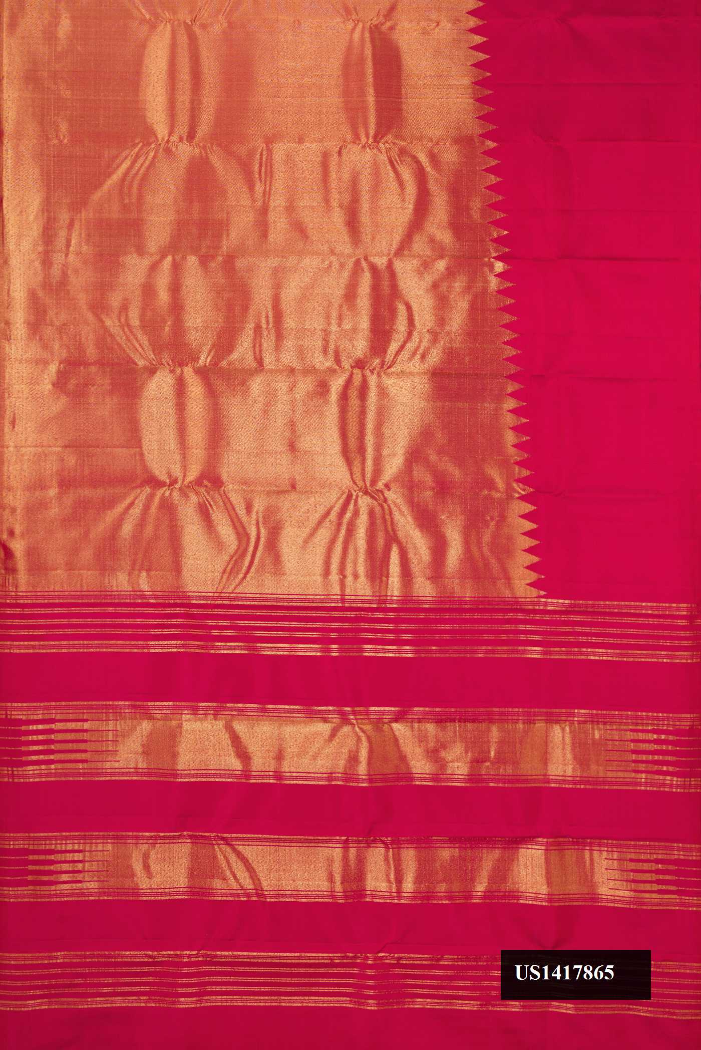 Dark Pink Dual Tone Kanchipuram Silk Saree with Plain Body and Rising Temple Border.  displayed on a mannequin