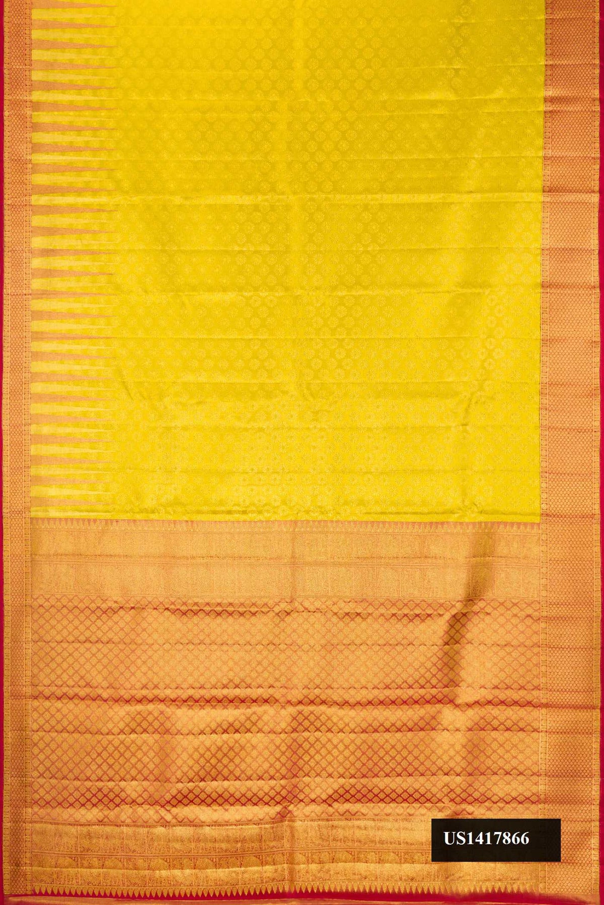 Mehandi Green Dual Tone Kanchipuram Silk Saree with Zari Brocade on the body and Zari Border.  displayed on a mannequin