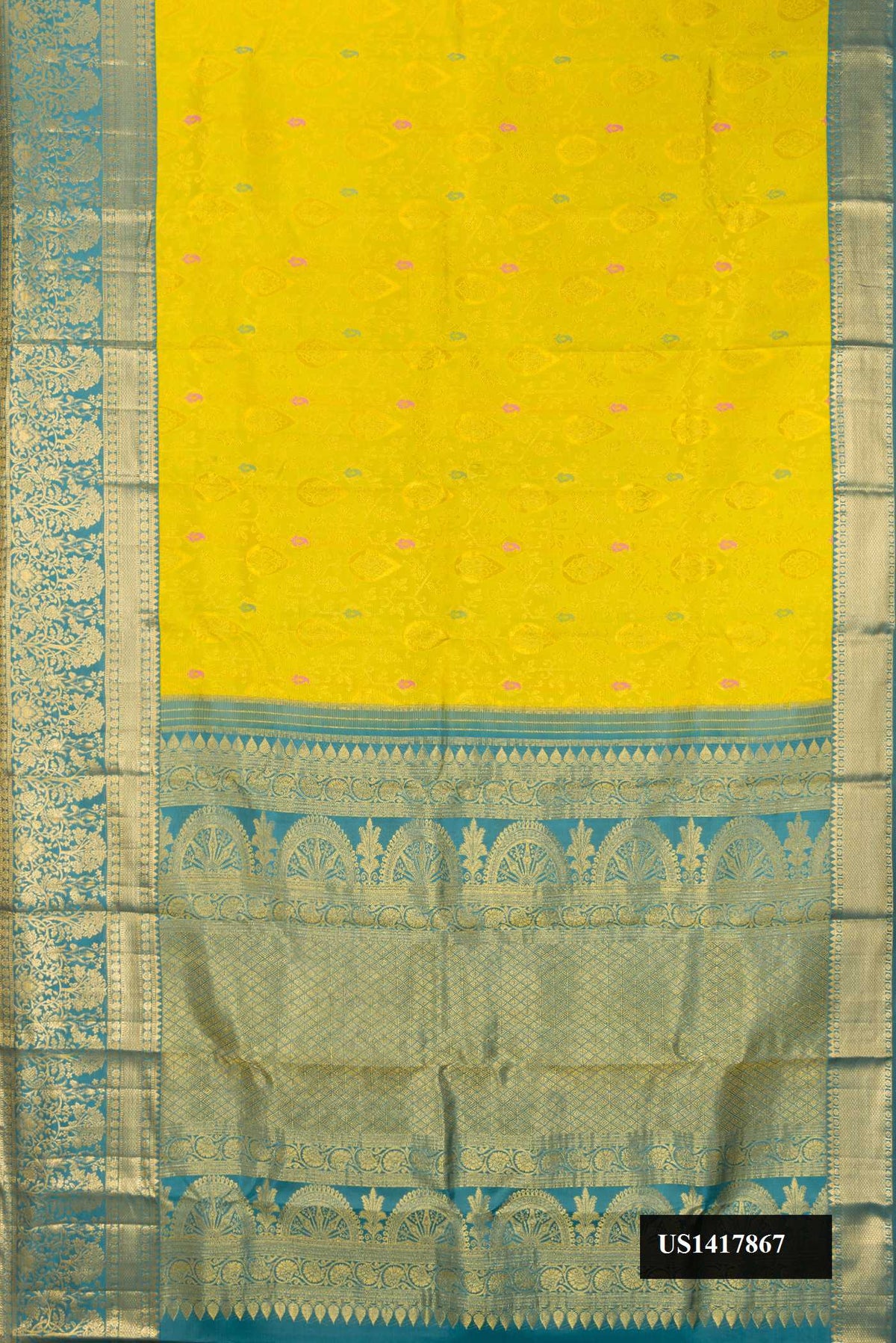 Parrot Green Dual Tone Kanchipuram Silk Saree with Zari Brocade on the body and Zari Border.  displayed on a mannequin