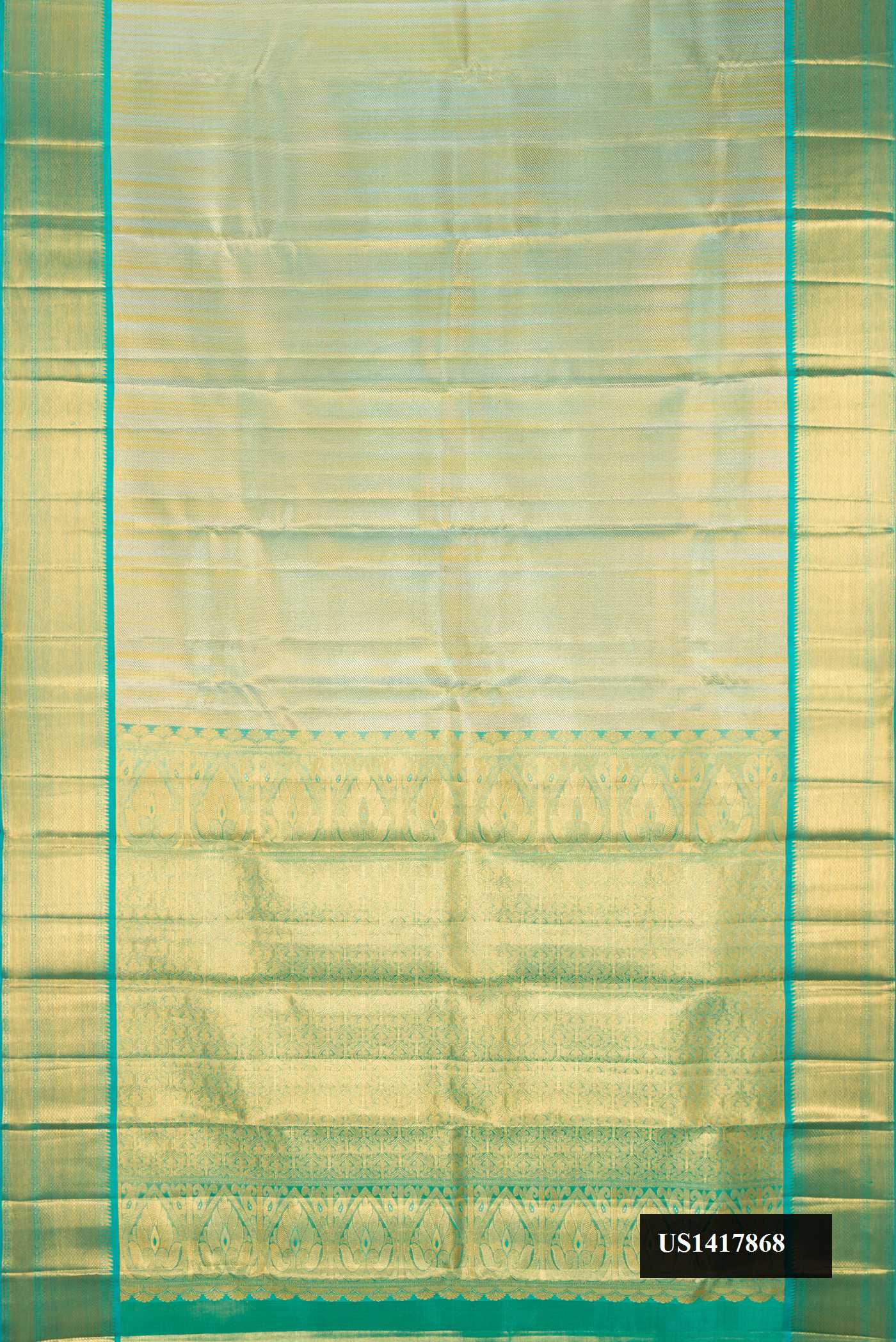 Gold Dual Tone Kanchipuram Tissue Silk Saree with Zari Brocade on the body and Zari Border.  displayed on a mannequin