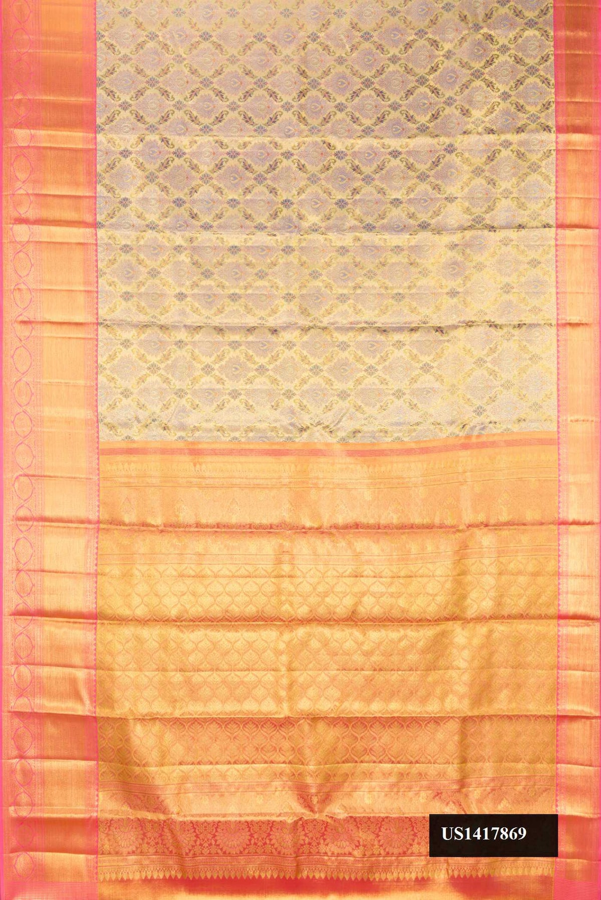 Gold Dual Tone Kanchipuram Tissue Silk Saree with Zari Brocade on the body and Zari Border.  displayed on a mannequin