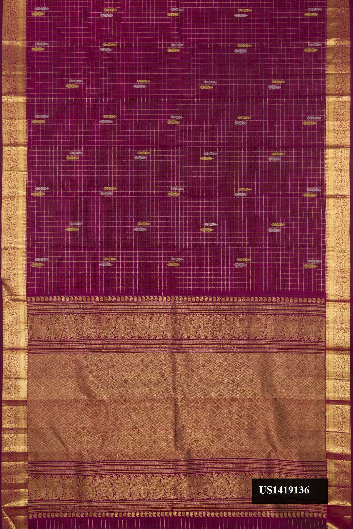 Burgundy Dual Tone Kanchipuram Silk Saree with Checked design on the body and Zari Border.  displayed on a mannequin