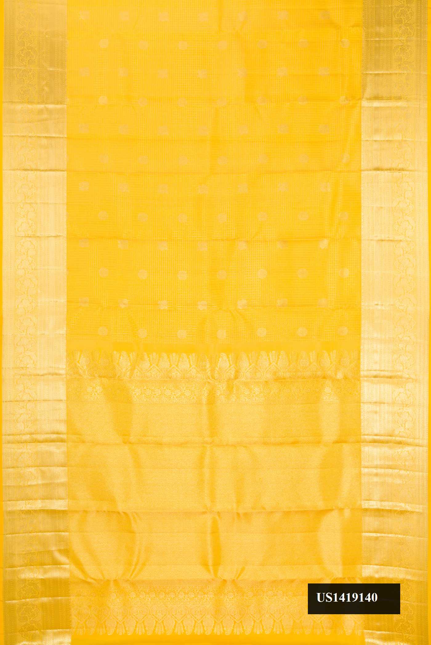 Yellow Dual Tone Kanchipuram Silk Saree with Checked design on the body and Zari Border.  displayed on a mannequin