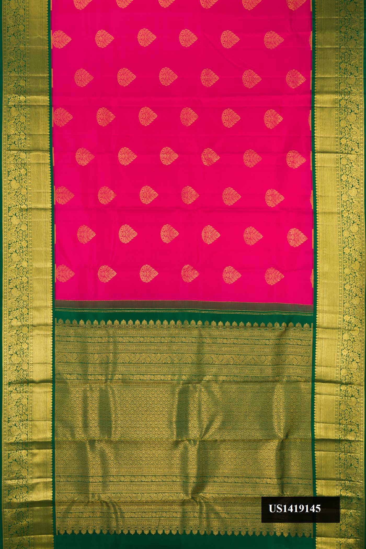 Pink Dual Tone Kanchipuram Silk Saree with Zari Butta on the body and Zari Border.  displayed on a mannequin