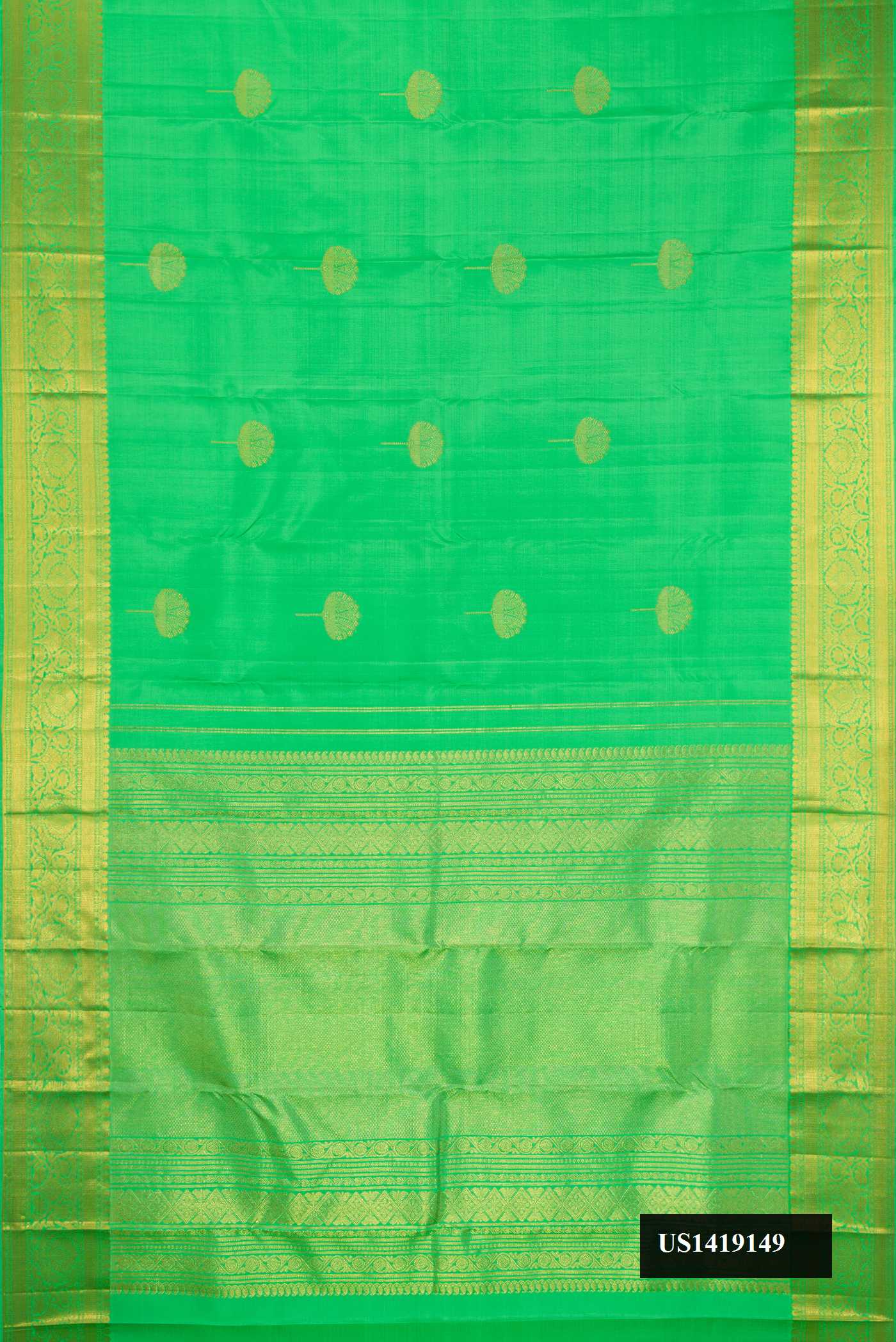 Parrot Green Dual Tone Kanchipuram Silk Saree with Zari Butta on the body and Zari Border.  displayed on a mannequin