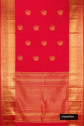 Red Dual Tone Kanchipuram Silk Saree with Zari Butta on the body and Zari Border.  displayed on a mannequin