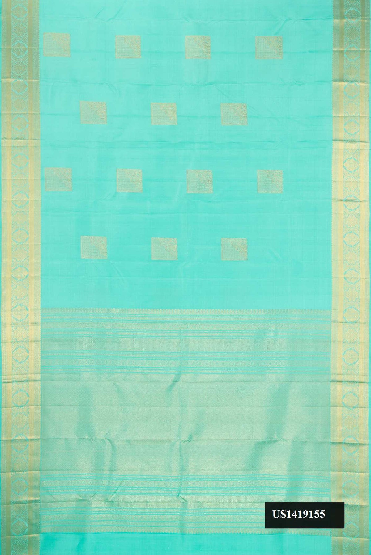 Sea Green Dual Tone Kanchipuram Silk Saree with Zari Butta on the body and Zari Border.  displayed on a mannequin
