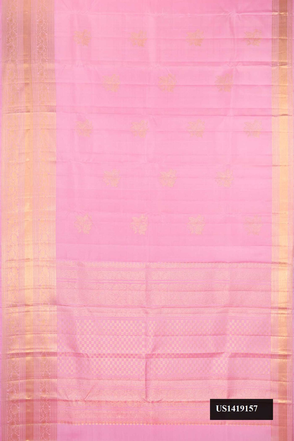 Rose pink Dual Tone Kanchipuram Silk Saree with Zari Butta on the body and Fancy Border.  displayed on a mannequin