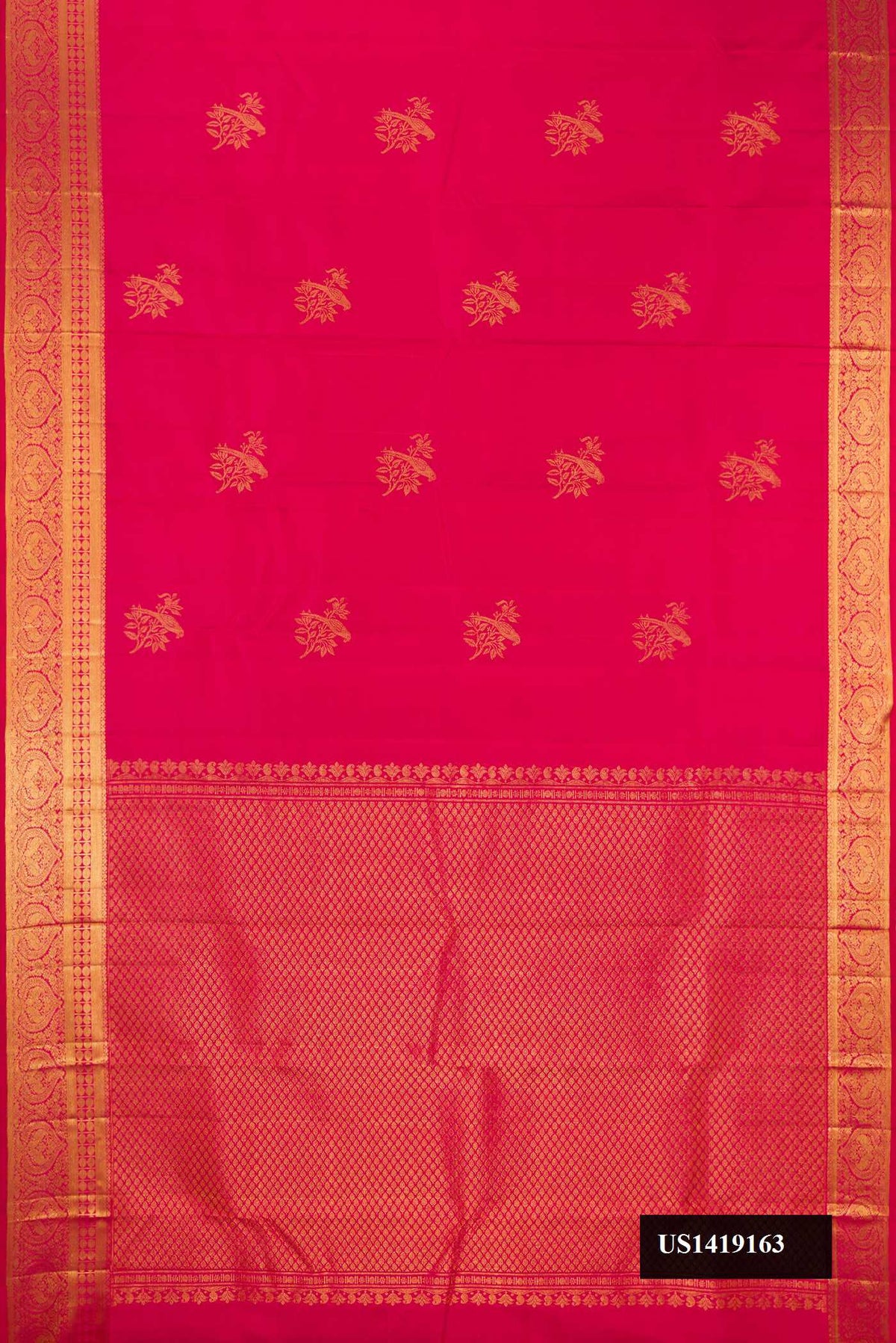 Dark Pink Dual Tone Kanchipuram Silk Saree with Zari Butta on the body and Zari Border.  displayed on a mannequin