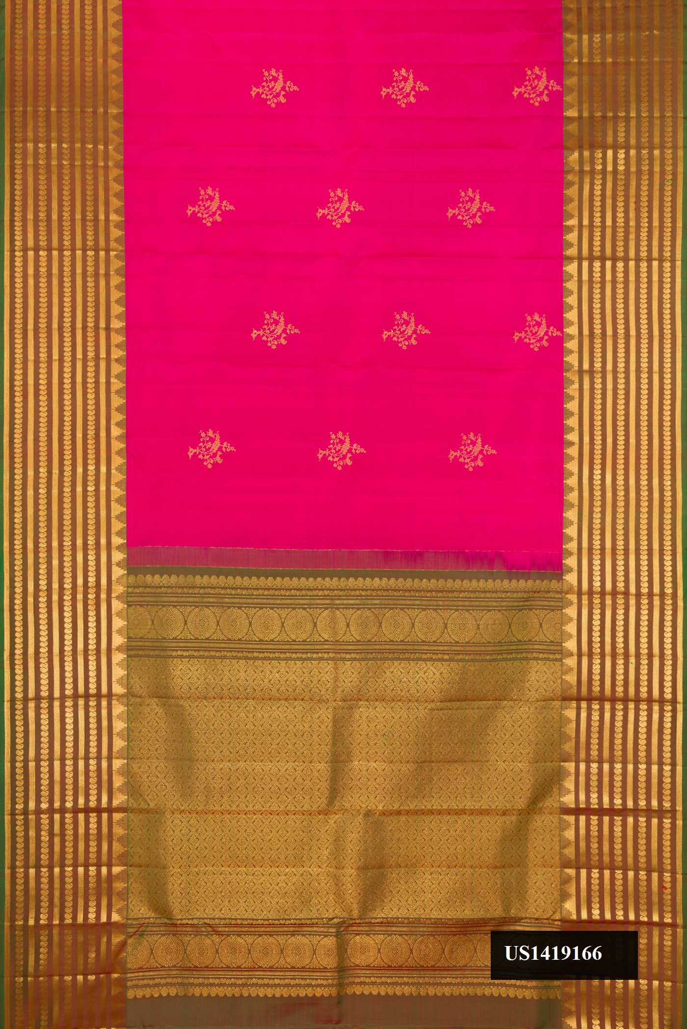 Pink Dual Tone Kanchipuram Silk Saree with Zari Butta on the body and Temple Border.  displayed on a mannequin