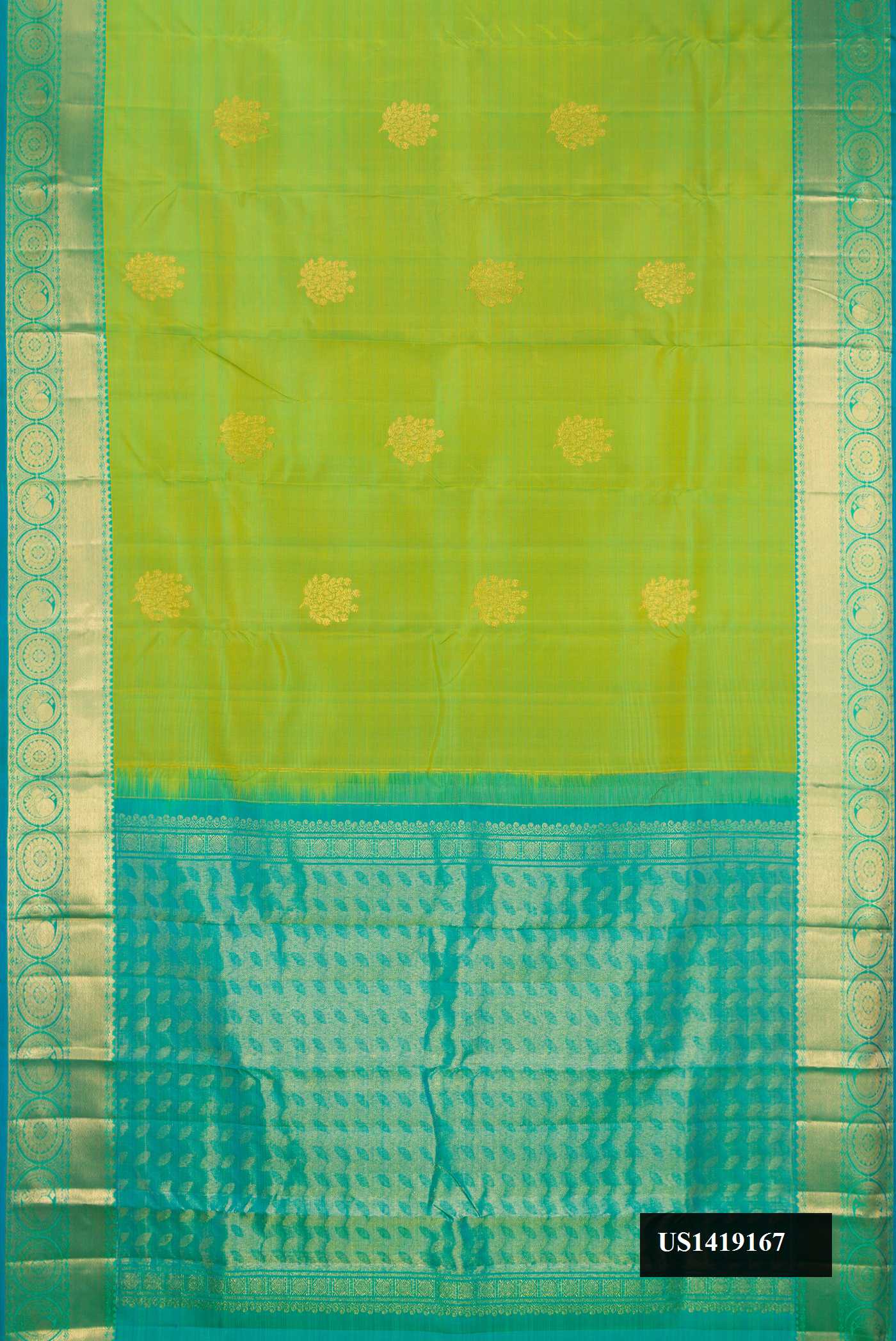 Parrot Green Dual Tone Kanchipuram Silk Saree with Zari Butta on the body and Zari Border.  displayed on a mannequin