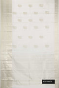 White Dual Tone Kanchipuram Silk Saree with Zari Butta on the body and Fancy Border.  displayed on a mannequin