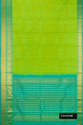 Parrot Green Dual Tone Kanchipuram Silk Saree with Zari Butta on the body and Zari Border.  displayed on a mannequin