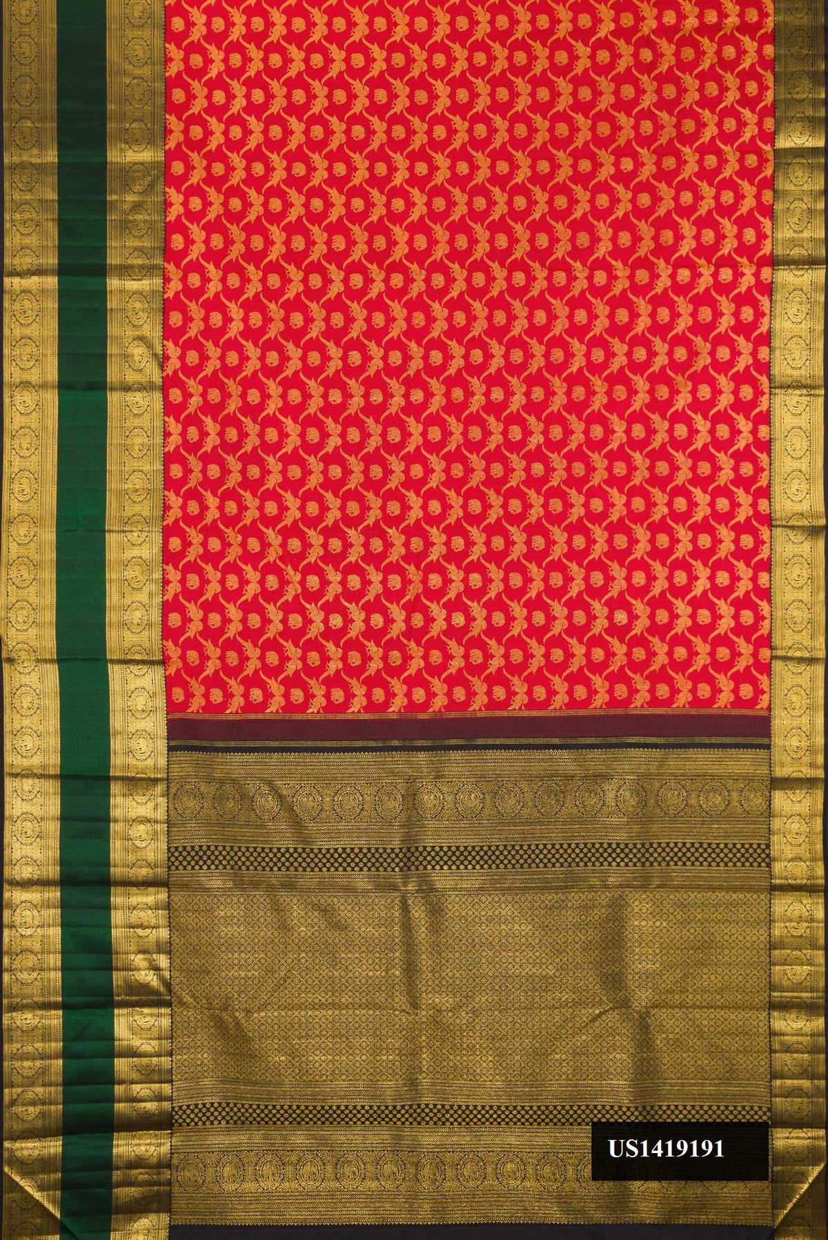 Red Dual Tone Kanchipuram Silk Saree with Zari Brocade on the body and Fancy Border.  displayed on a mannequin