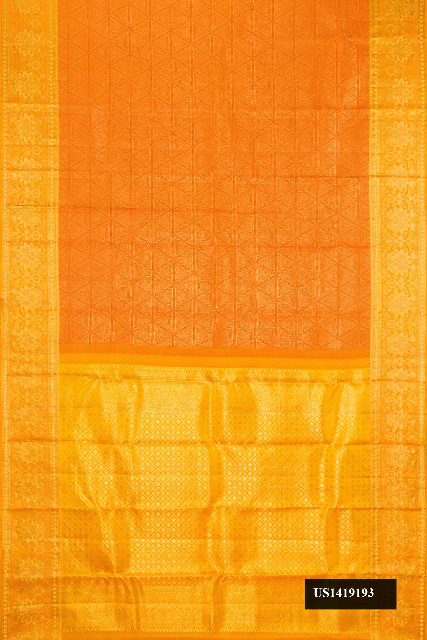 Orange Dual Tone Kanchipuram Silk Saree with Zari Brocade on the body and Fancy Border.  displayed on a mannequin
