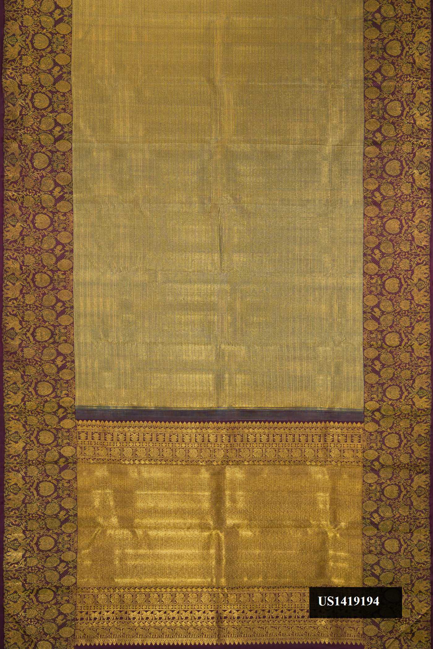 Mehandi Green Dual Tone Kanchipuram Silk Saree with Zari Brocade on the body and Fancy Border.  displayed on a mannequin