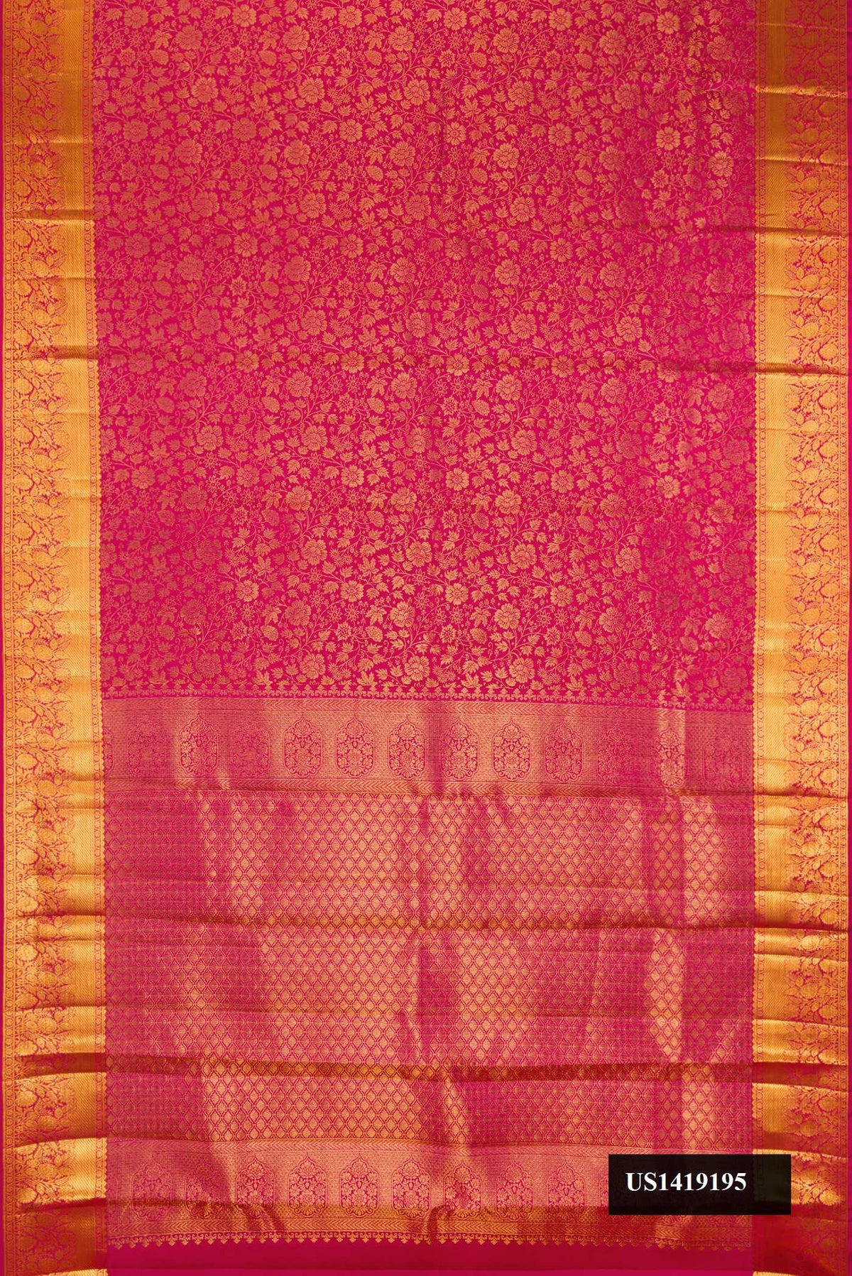 Dark Pink Dual Tone Kanchipuram Silk Saree with Zari Brocade on the body and Zari Border.  displayed on a mannequin