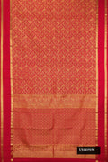 Red Dual Tone Kanchipuram Silk Saree with Zari Brocade on the body and Zari Border.  displayed on a mannequin