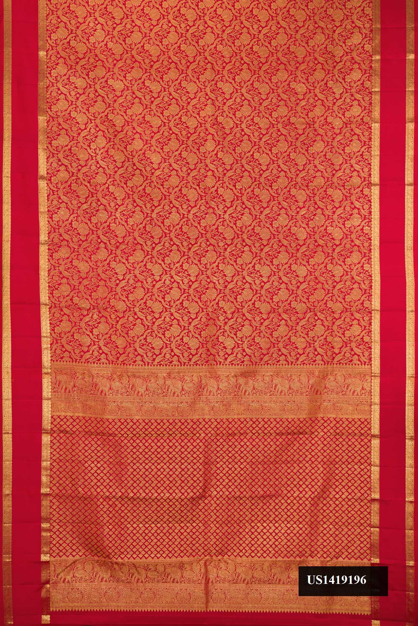 Red Dual Tone Kanchipuram Silk Saree with Zari Brocade on the body and Zari Border.  displayed on a mannequin