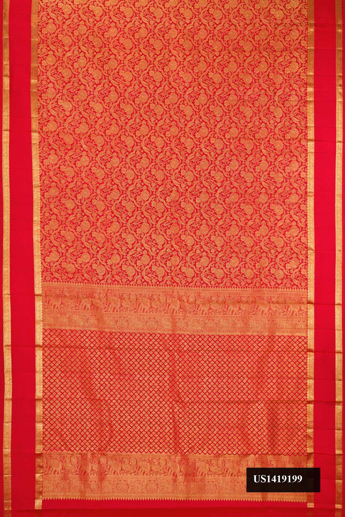 Red Dual Tone Kanchipuram Silk Saree with Zari Brocade on the body and Zari Border.  displayed on a mannequin