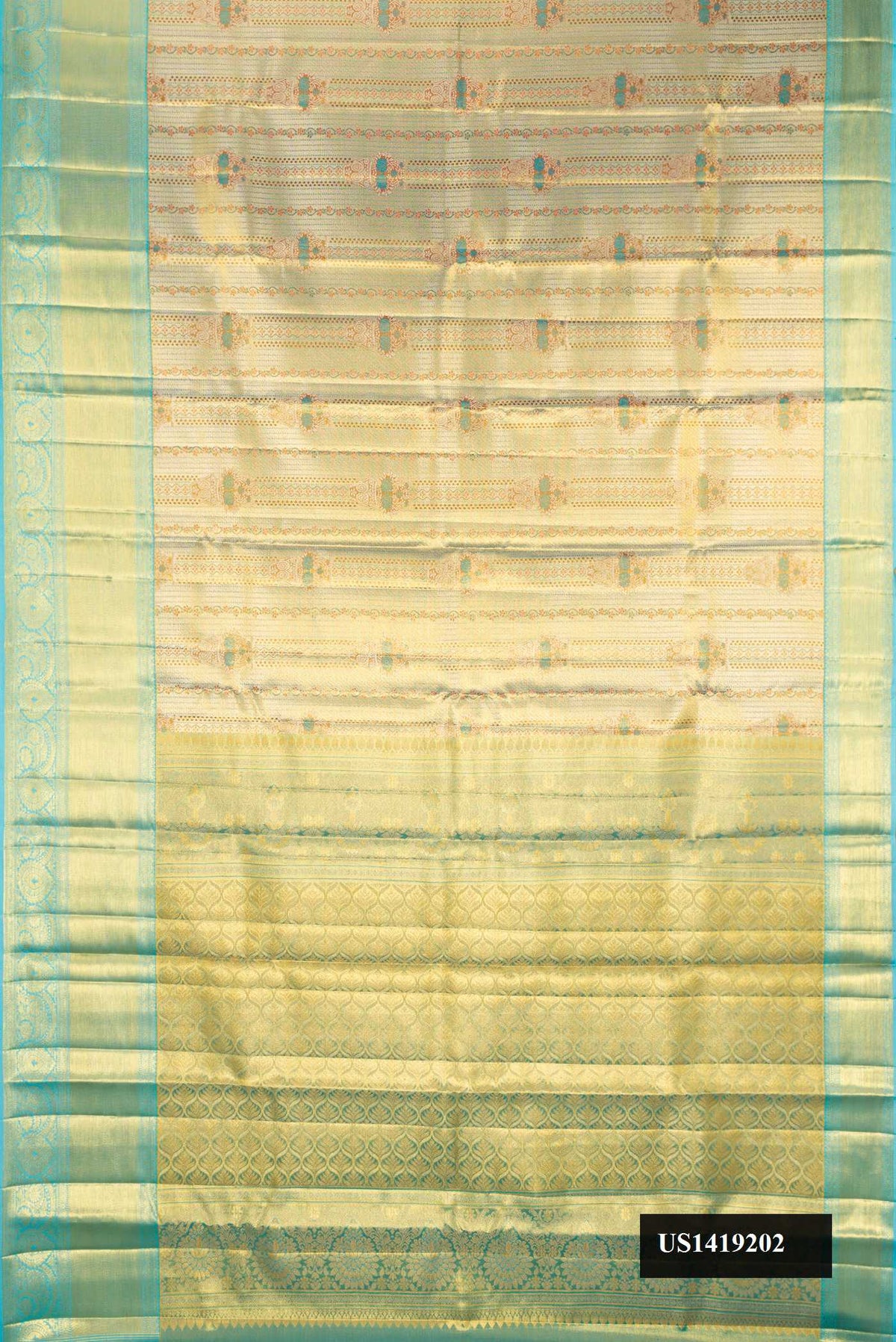 Gold Dual Tone Kanchipuram Tissue Silk Saree with Zari Brocade on the body and Fancy Border.  displayed on a mannequin