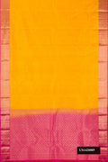 Mustard Dual Tone Kanchipuram Silk Saree with Zari Butta on the body and Zari Border.  displayed on a mannequin
