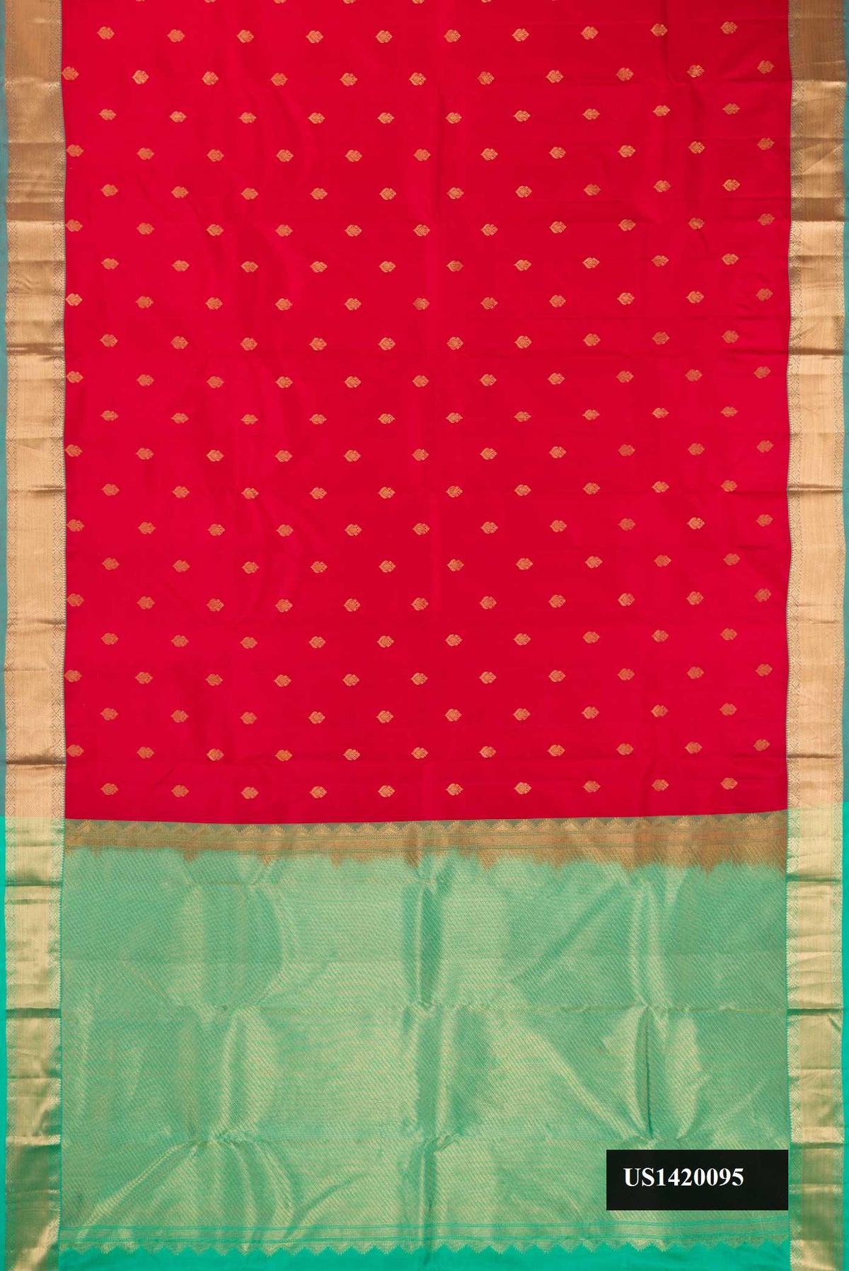 Red Dual Tone Kanchipuram Silk Saree with Zari Butta on the body and Zari Border.  displayed on a mannequin