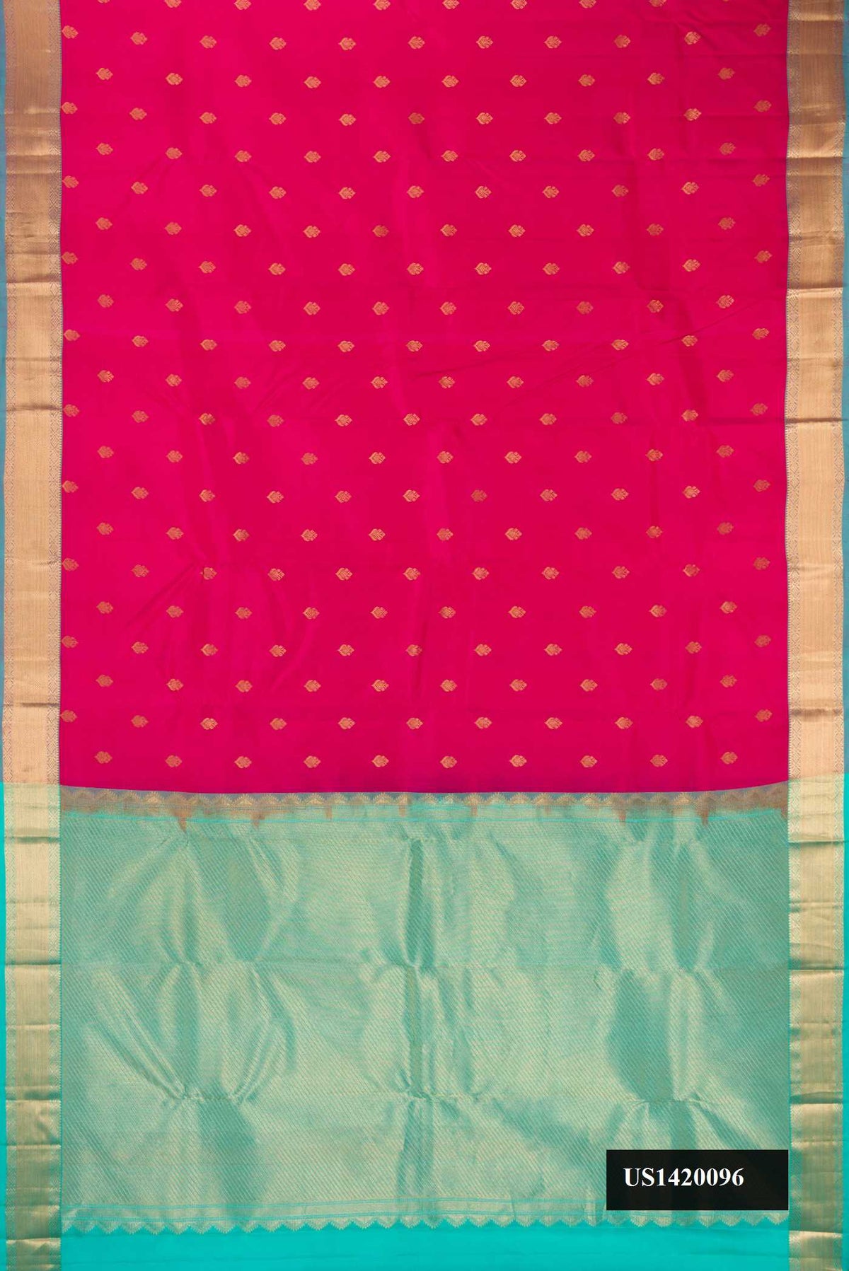 Dark Pink Dual Tone Kanchipuram Silk Saree with Zari Butta on the body and Zari Border.  displayed on a mannequin