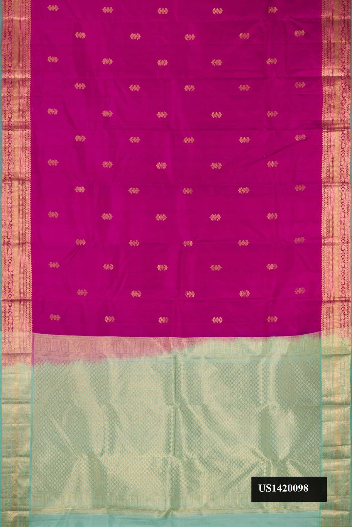 Purple Dual Tone Kanchipuram Silk Saree with Zari Butta on the body and Zari Border.  displayed on a mannequin