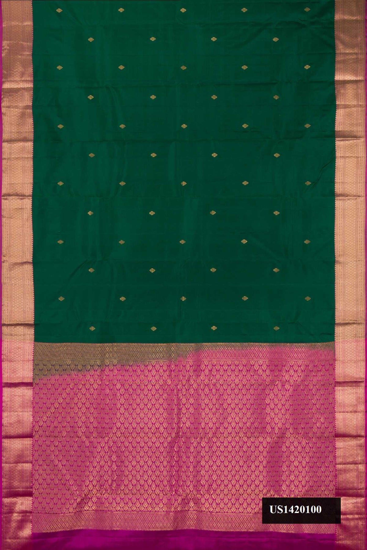 Bottle Green Dual Tone Kanchipuram Silk Saree with Zari Butta on the body and Zari Border.  displayed on a mannequin