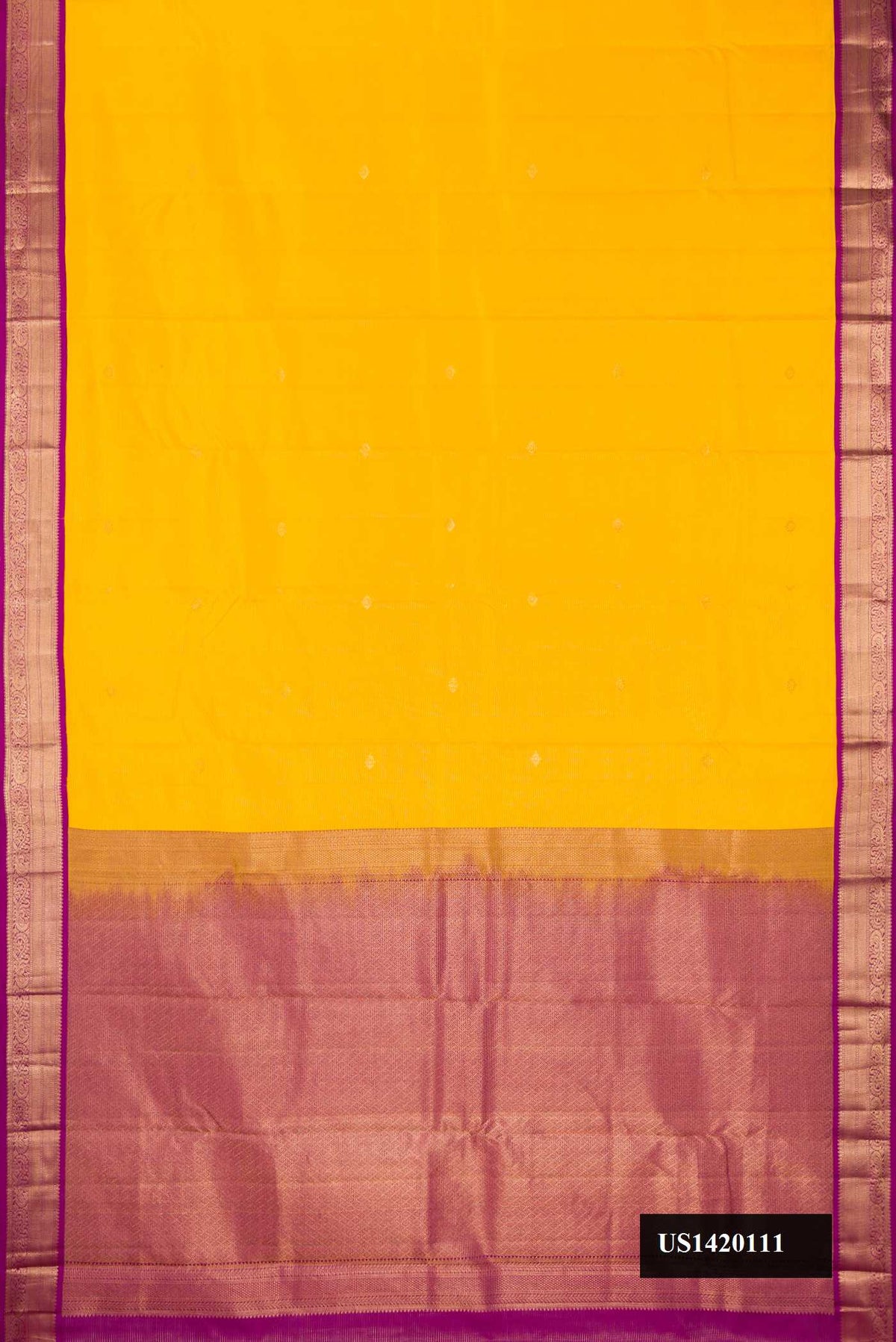 Mustard Dual Tone Kanchipuram Silk Saree with Stripes on the body and Zari Border.  displayed on a mannequin