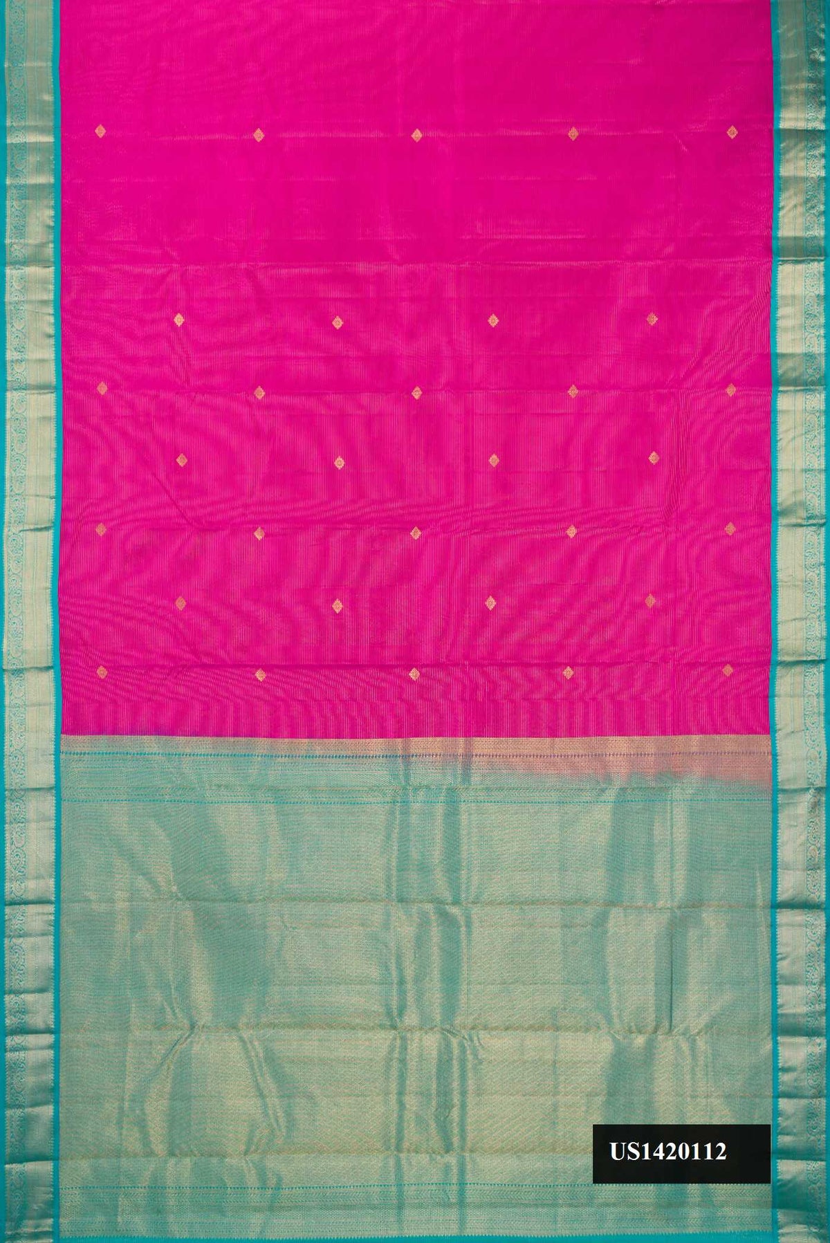 Pink Dual Tone Kanchipuram Silk Saree with Stripes on the body and Zari Border.  displayed on a mannequin