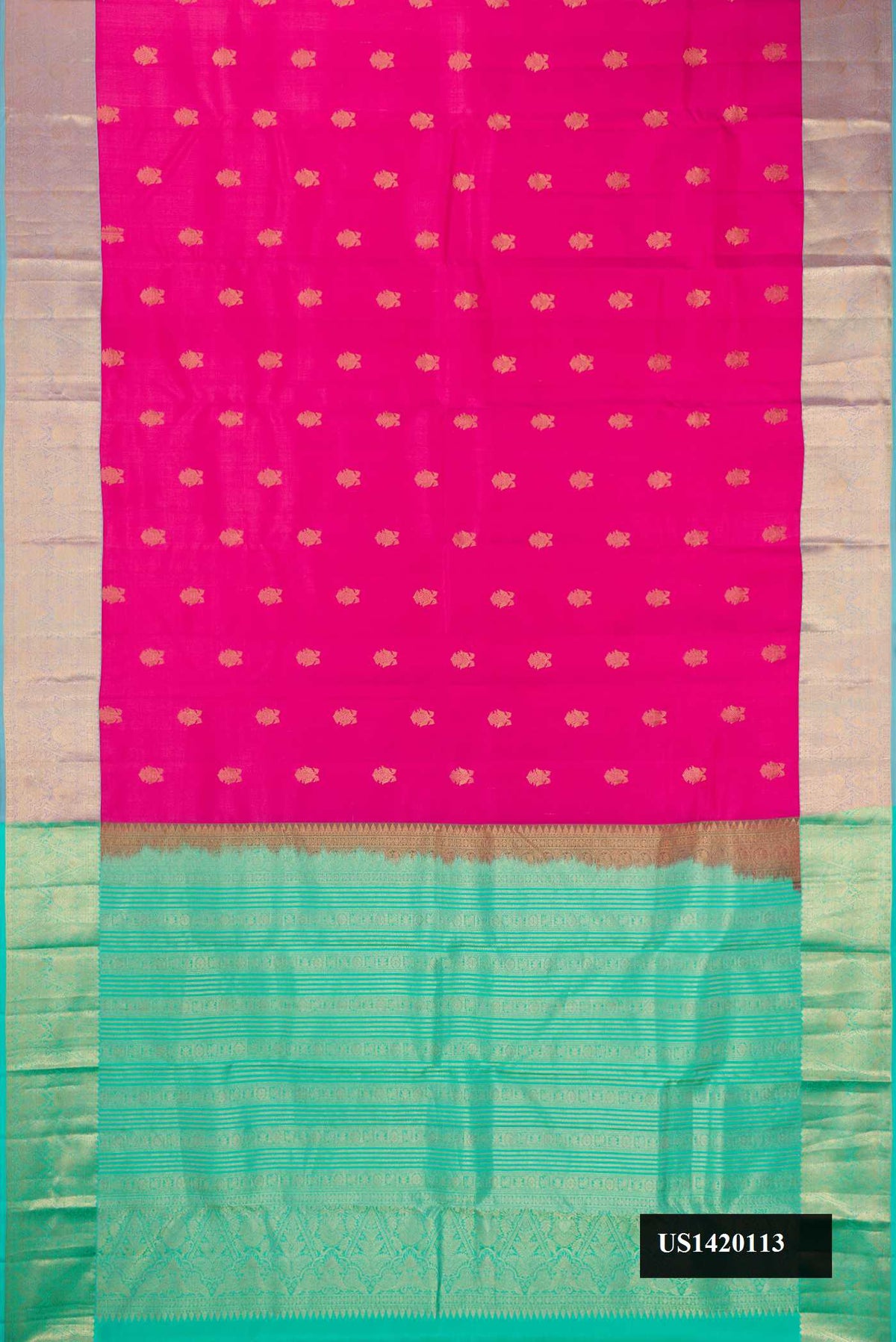 Pink Dual Tone Kanchipuram Silk Saree with Zari Butta on the body and Zari Border.  displayed on a mannequin
